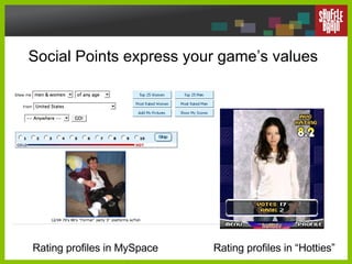 Social Points express your game’s values Rating profiles in MySpace Rating profiles in “Hotties” 