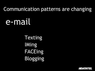 Communication patterns are changing e-mail Texting IMing FACEing Blogging 