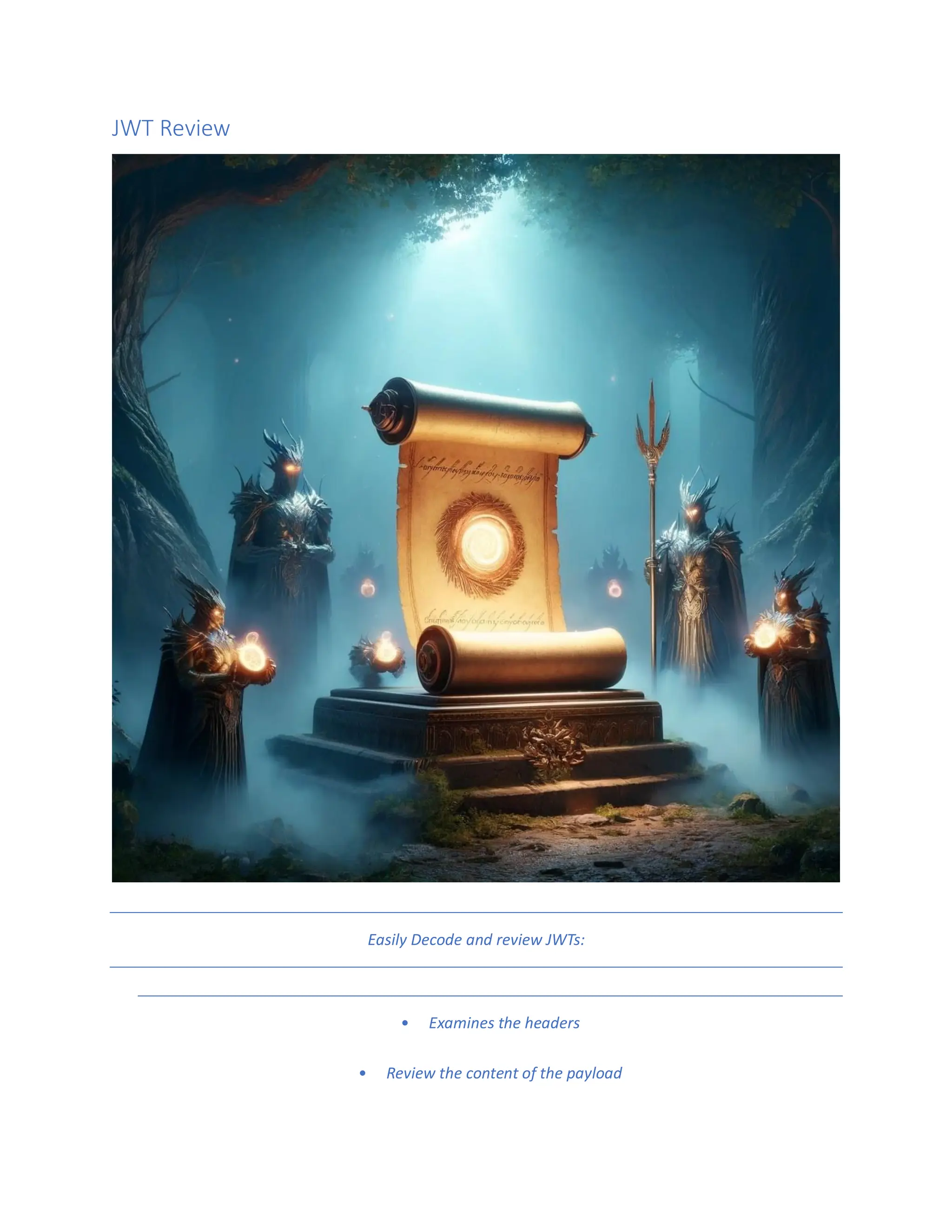 JWT Review
Easily Decode and review JWTs:
• Examines the headers
• Review the content of the payload
 