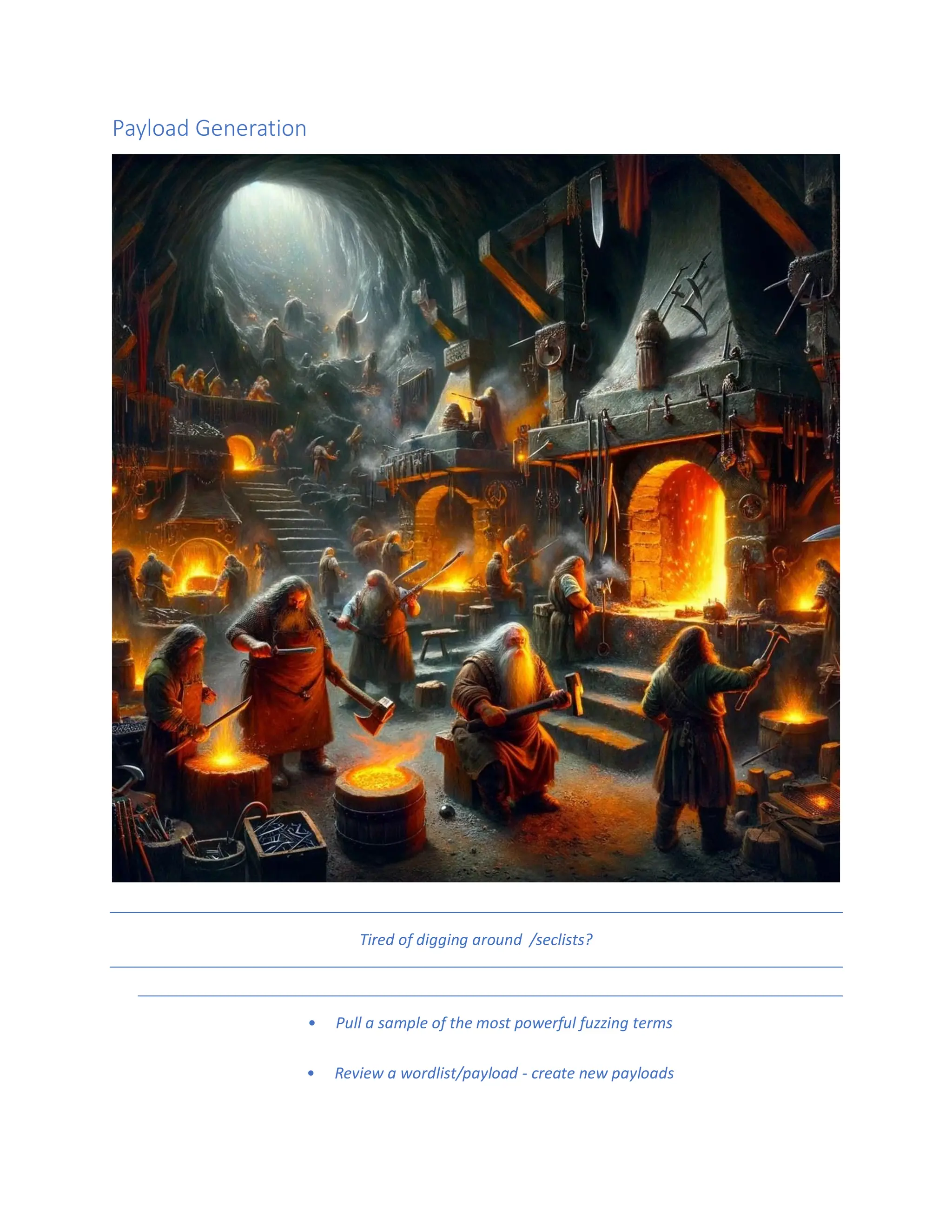 Payload Generation
Tired of digging around /seclists?
• Pull a sample of the most powerful fuzzing terms
• Review a wordlist/payload - create new payloads
 