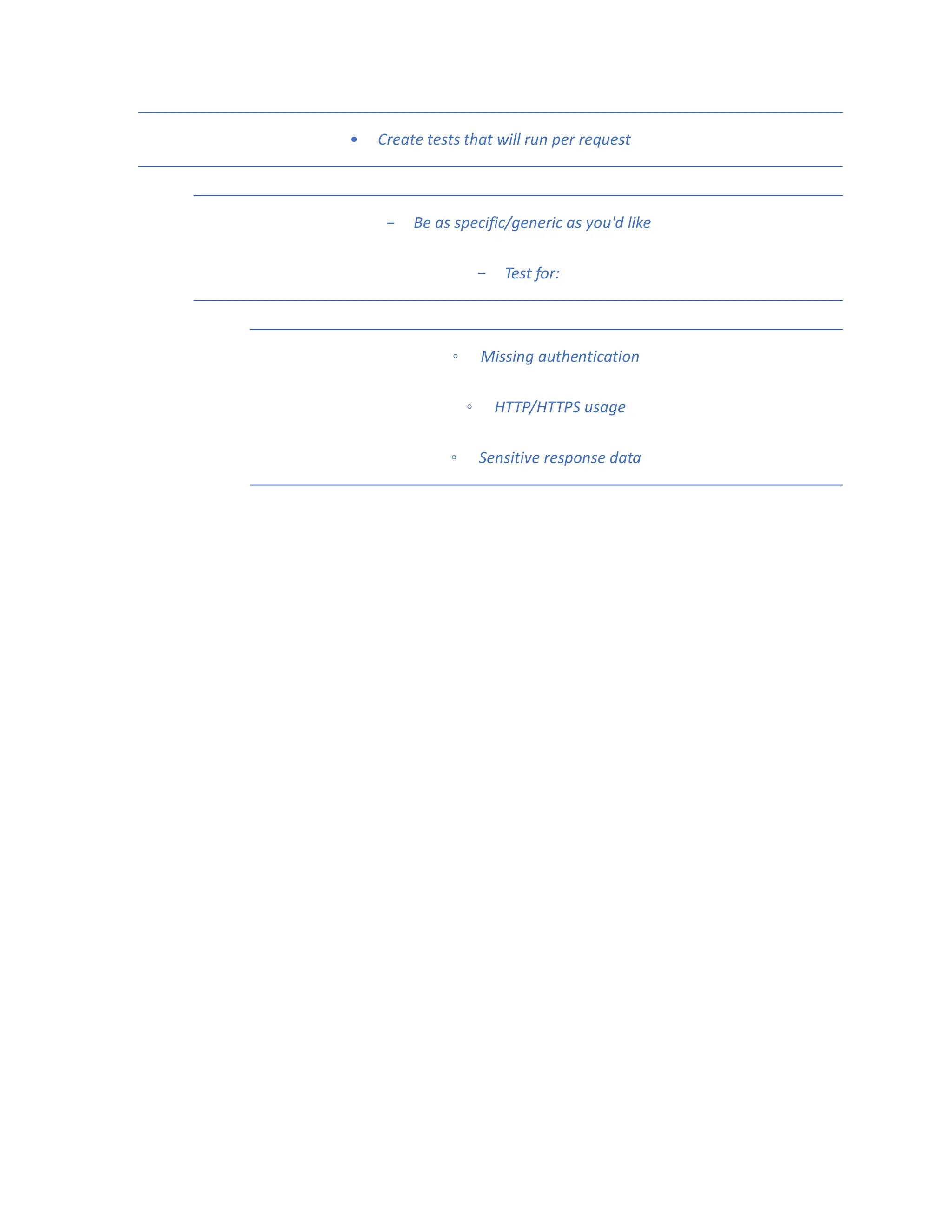 • Create tests that will run per request
- Be as specific/generic as you'd like
- Test for:
◦ Missing authentication
◦ HTTP/HTTPS usage
◦ Sensitive response data
 