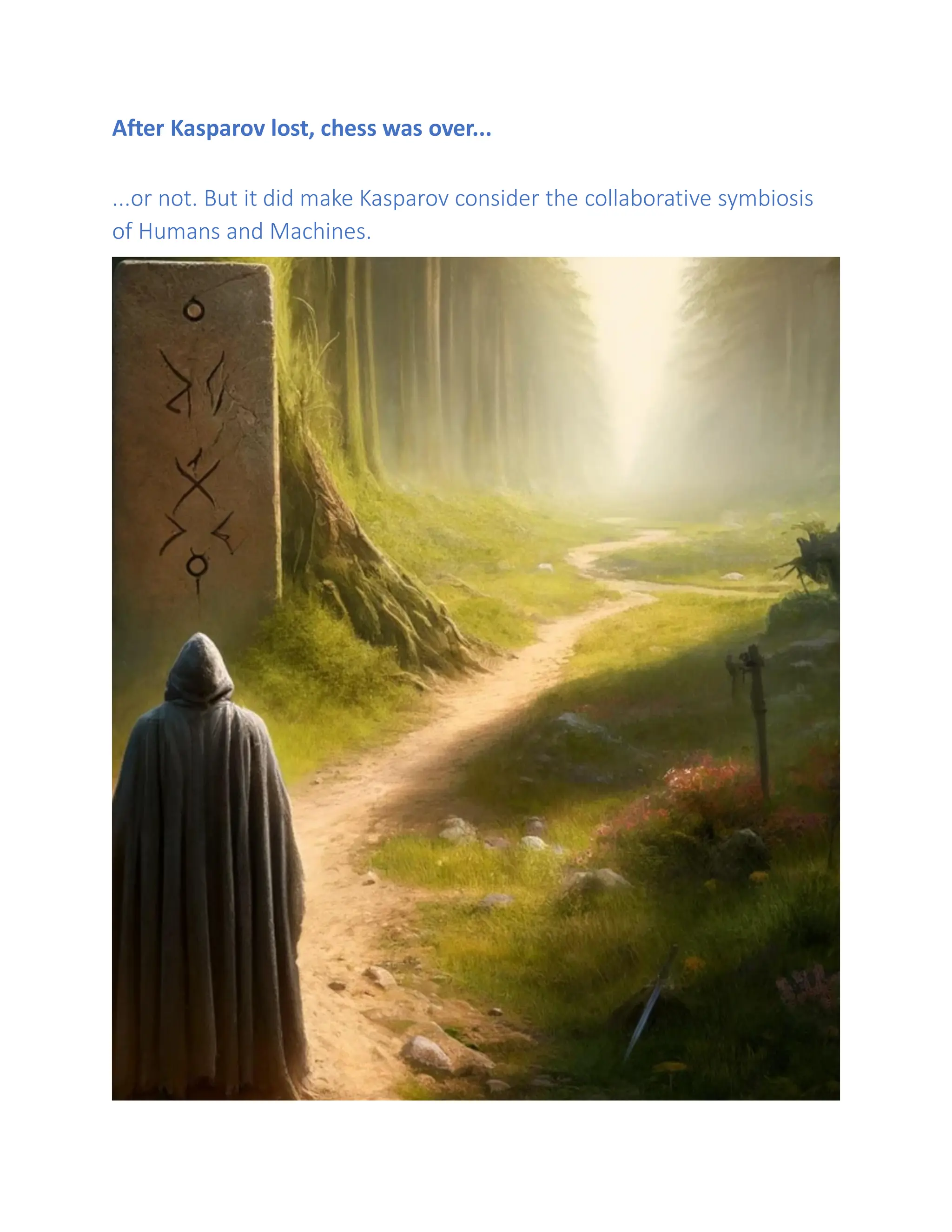 After Kasparov lost, chess was over...
...or not. But it did make Kasparov consider the collaborative symbiosis
of Humans and Machines.
 