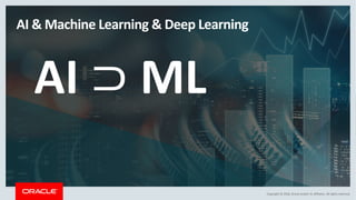 Copyright	©	2018,	Oracle	and/or	its	affiliates.	All	rights	reserved.
AI	&	Machine	Learning	&	Deep	Learning
AI	⊃ ML
 