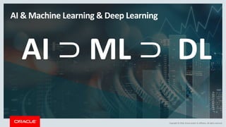 Copyright	©	2018,	Oracle	and/or	its	affiliates.	All	rights	reserved.
AI	&	Machine	Learning	&	Deep	Learning
AI	⊃ ML	⊃ DL
 