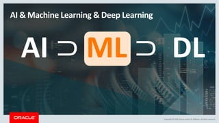 Copyright	©	2018,	Oracle	and/or	its	affiliates.	All	rights	reserved.
AI	&	Machine	Learning	&	Deep	Learning
AI	⊃ ML ⊃ DL
 