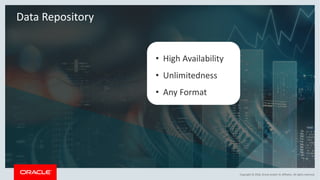 Copyright	©	2018,	Oracle	and/or	its	affiliates.	All	rights	reserved.
Data	Repository
• High	Availability
• Unlimitedness
• Any	Format
 