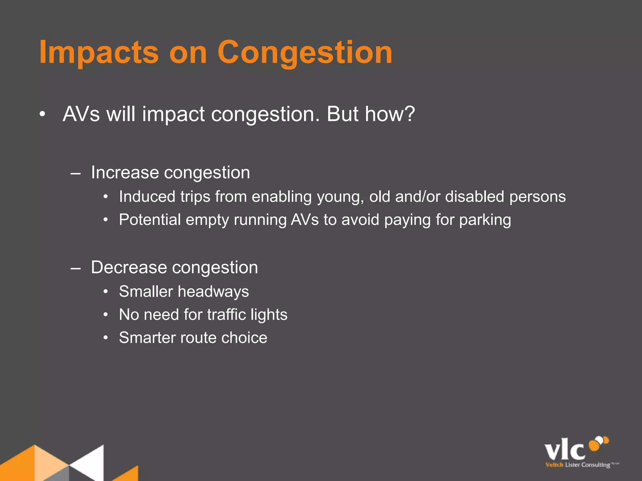 Impacts on Congestion
• AVs will impact congestion. But how?
– Increase congestion
• Induced trips from enabling young, old and/or disabled persons
• Potential empty running AVs to avoid paying for parking
– Decrease congestion
• Smaller headways
• No need for traffic lights
• Smarter route choice