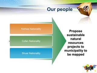 Our people


    Kichwa Nationality
                                  Propose
                                sustainable
                                   natural
e   Cofan Nationality
                                 resources
                                projects to
                               municipality to
    Shuar Nationality
                                be mapped
 