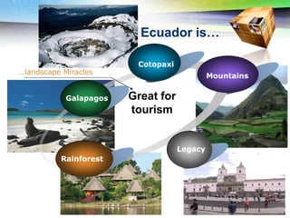 Ecuador is…

                         Cotopaxi
…landscape Miracles
                                             Mountains


            Galapagos   Great for
                        tourism


                                    Legacy
          Rainforest
 