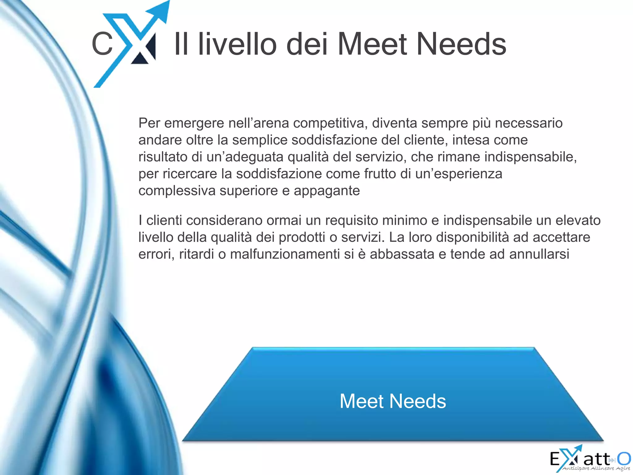 Meet Needs
C Il livello dei Meet Needs
Per emergere nell’arena competitiva, diventa sempre più necessario
andare oltre la semplice soddisfazione del cliente, intesa come
risultato di un’adeguata qualità del servizio, che rimane indispensabile,
per ricercare la soddisfazione come frutto di un’esperienza
complessiva superiore e appagante
I clienti considerano ormai un requisito minimo e indispensabile un elevato
livello della qualità dei prodotti o servizi. La loro disponibilità ad accettare
errori, ritardi o malfunzionamenti si è abbassata e tende ad annullarsi
 