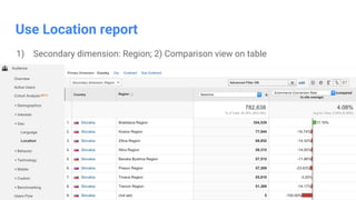 Confidential & Proprietary
Use Location report
1) Secondary dimension: Region; 2) Comparison view on table
 