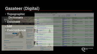Gazateer (Digital)
‣ Topographic 
Dictionary
‣ Database
‣ List
‣ Concordance
 