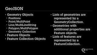 GeoJSON
‣ Geometry Objects
‣ Positions
‣ Point/MultiPoint
‣ Line/MultiLineString
‣ Polygon/MultiPolygon
‣ Geometry Collection
‣ Feature Objects
‣ Feature Collection Objects
‣ Lists of geometries are
represented by a
GeometryCollection.
‣ Geometries with
additional properties are
Feature objects.
‣ Lists of features are
represented by a
FeatureCollection.
 