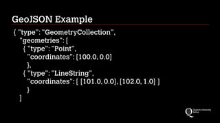 GeoJSON Example
{ "type": "GeometryCollection",
"geometries": [
{ "type": "Point",
"coordinates": [100.0, 0.0]
},
{ "type": "LineString",
"coordinates": [ [101.0, 0.0], [102.0, 1.0] ]
}
]
 