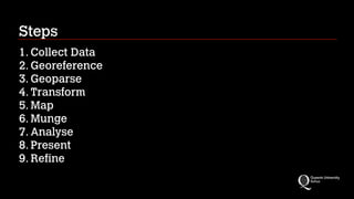 Steps
1. Collect Data
2. Georeference
3. Geoparse
4. Transform
5. Map
6. Munge
7. Analyse
8. Present
9. Refine
 