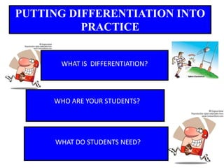 PUTTING DIFFERENTIATION INTO PRACTICE WHAT IS  DIFFERENTIATION? WHO ARE YOUR STUDENTS? WHAT DO STUDENTS NEED? 