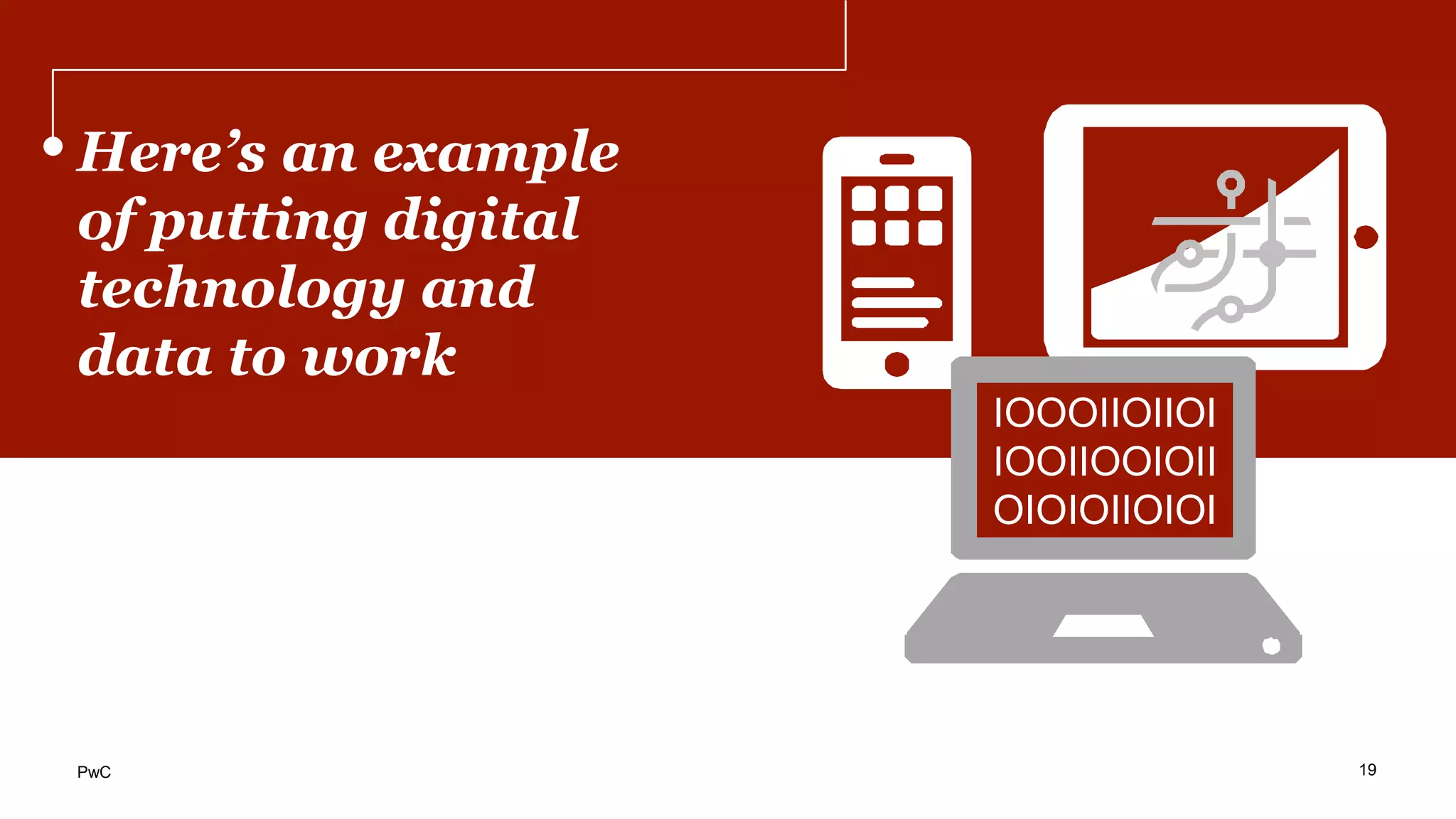 Here’s an example
of putting digital
technology and
data to work
IOOOIIOIIOI
IOOIIOOIOII
OIOIOIIOIOI
19PwC
 