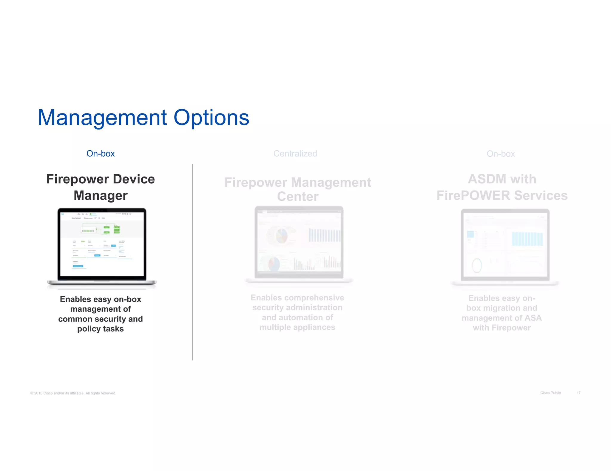 © 2016 Cisco and/or its affiliates. All rights reserved. Cisco Public 17
Firepower Device
Manager
Enables easy on-box
management of
common security and
policy tasks
Enables comprehensive
security administration
and automation of
multiple appliances
Firepower Management
Center
On-box Centralized
Management Options
ASDM with
FirePOWER Services
Enables easy on-
box migration and
management of ASA
with Firepower
On-box
 