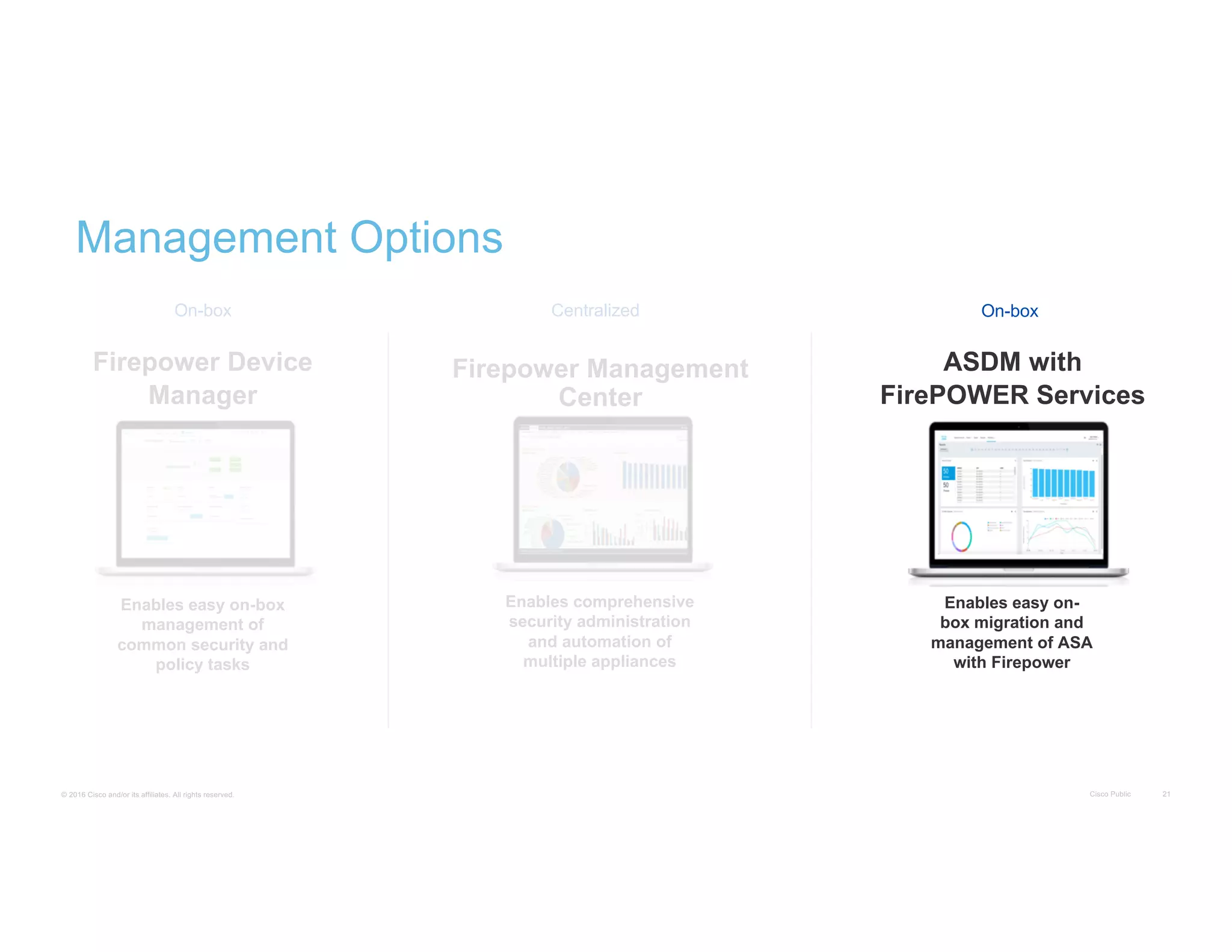 © 2016 Cisco and/or its affiliates. All rights reserved. Cisco Public 21
Firepower Device
Manager
Enables easy on-box
management of
common security and
policy tasks
Enables comprehensive
security administration
and automation of
multiple appliances
Firepower Management
Center
ASDM with
FirePOWER Services
Enables easy on-
box migration and
management of ASA
with Firepower
On-box Centralized On-box
Management Options
 