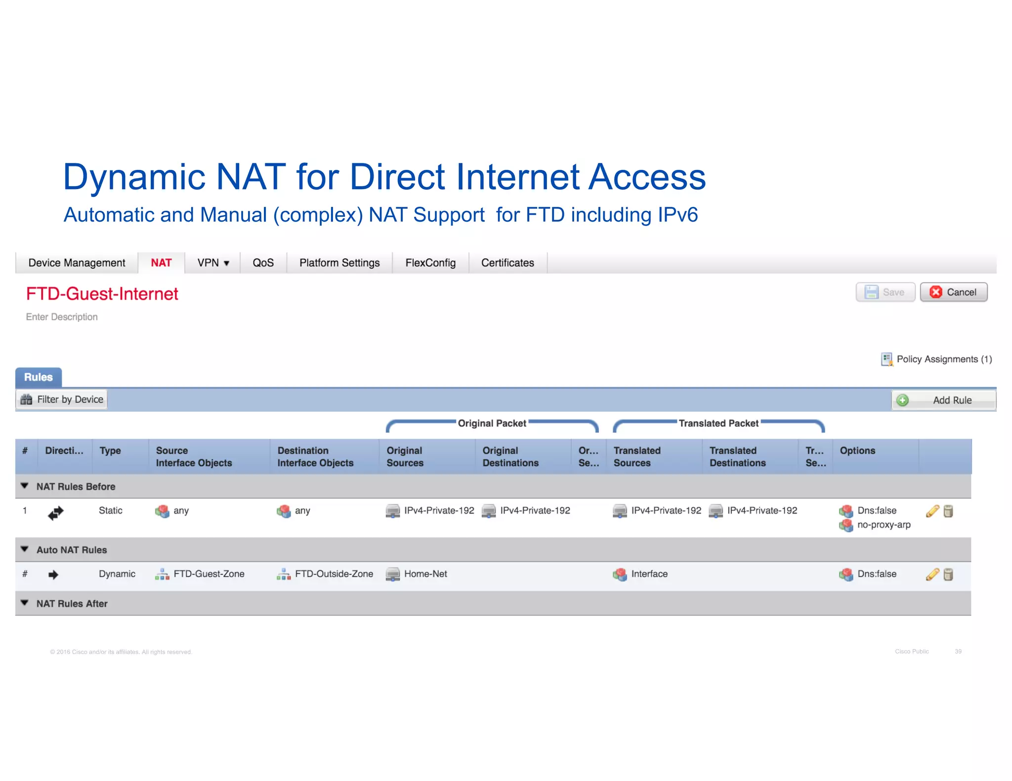 © 2016 Cisco and/or its affiliates. All rights reserved. Cisco Public 39
Dynamic NAT for Direct Internet Access
Automatic and Manual (complex) NAT Support for FTD including IPv6
 