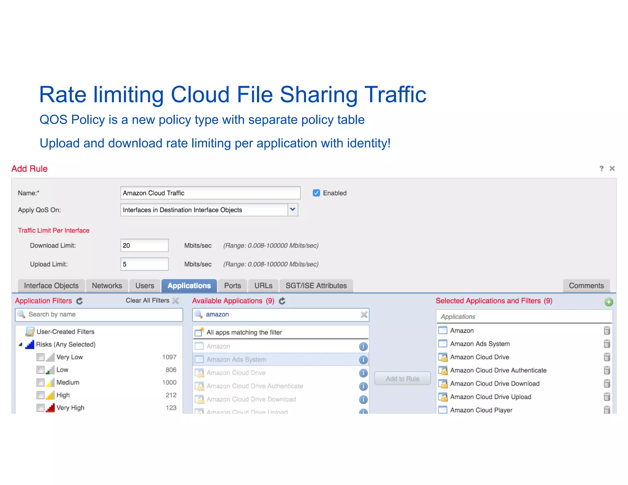 © 2016 Cisco and/or its affiliates. All rights reserved. Cisco Public 41
4
1
BRK
Rate limiting Cloud File Sharing Traffic
QOS Policy is a new policy type with separate policy table
Upload and download rate limiting per application with identity!
 