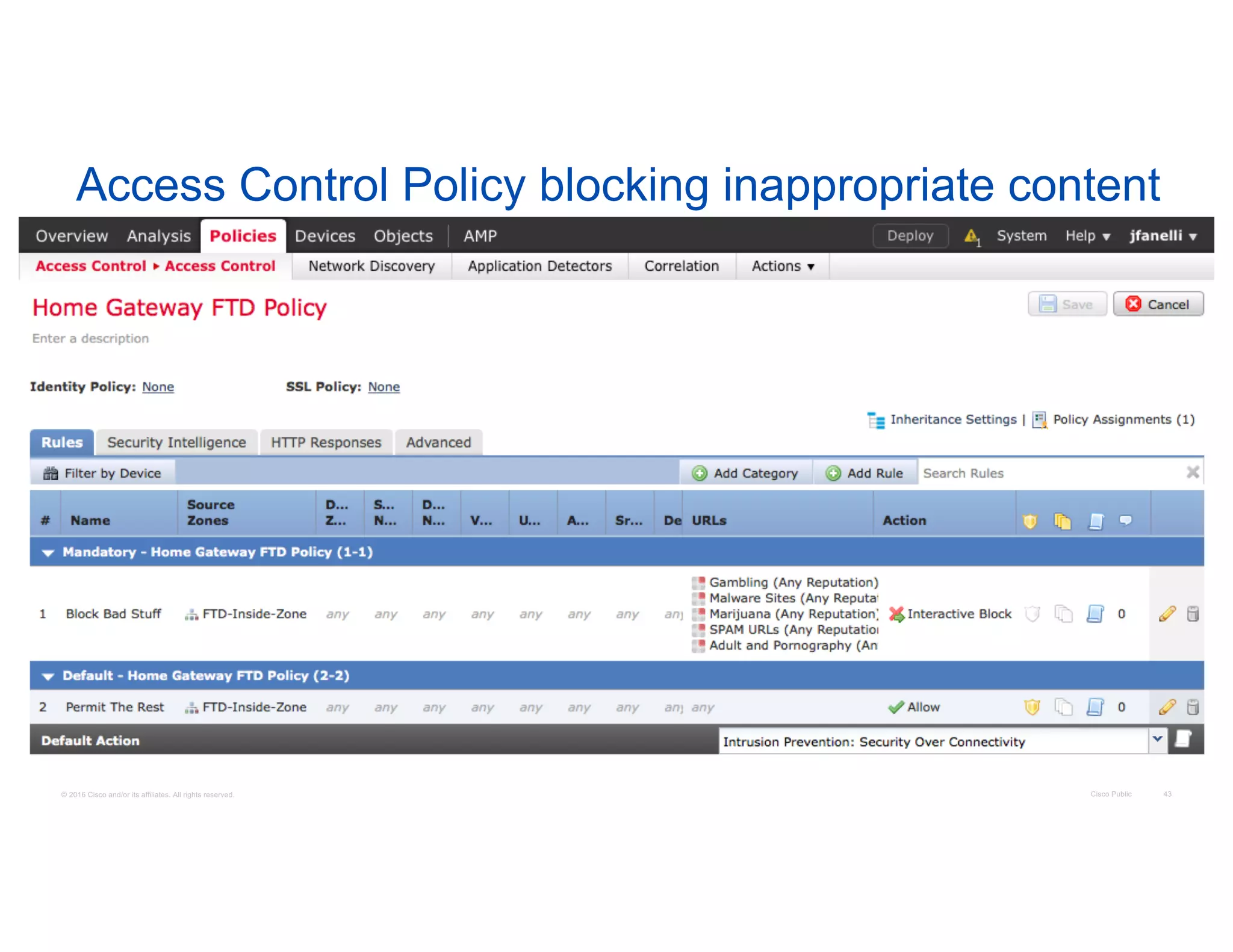 © 2016 Cisco and/or its affiliates. All rights reserved. Cisco Public 43
Access Control Policy blocking inappropriate content
 