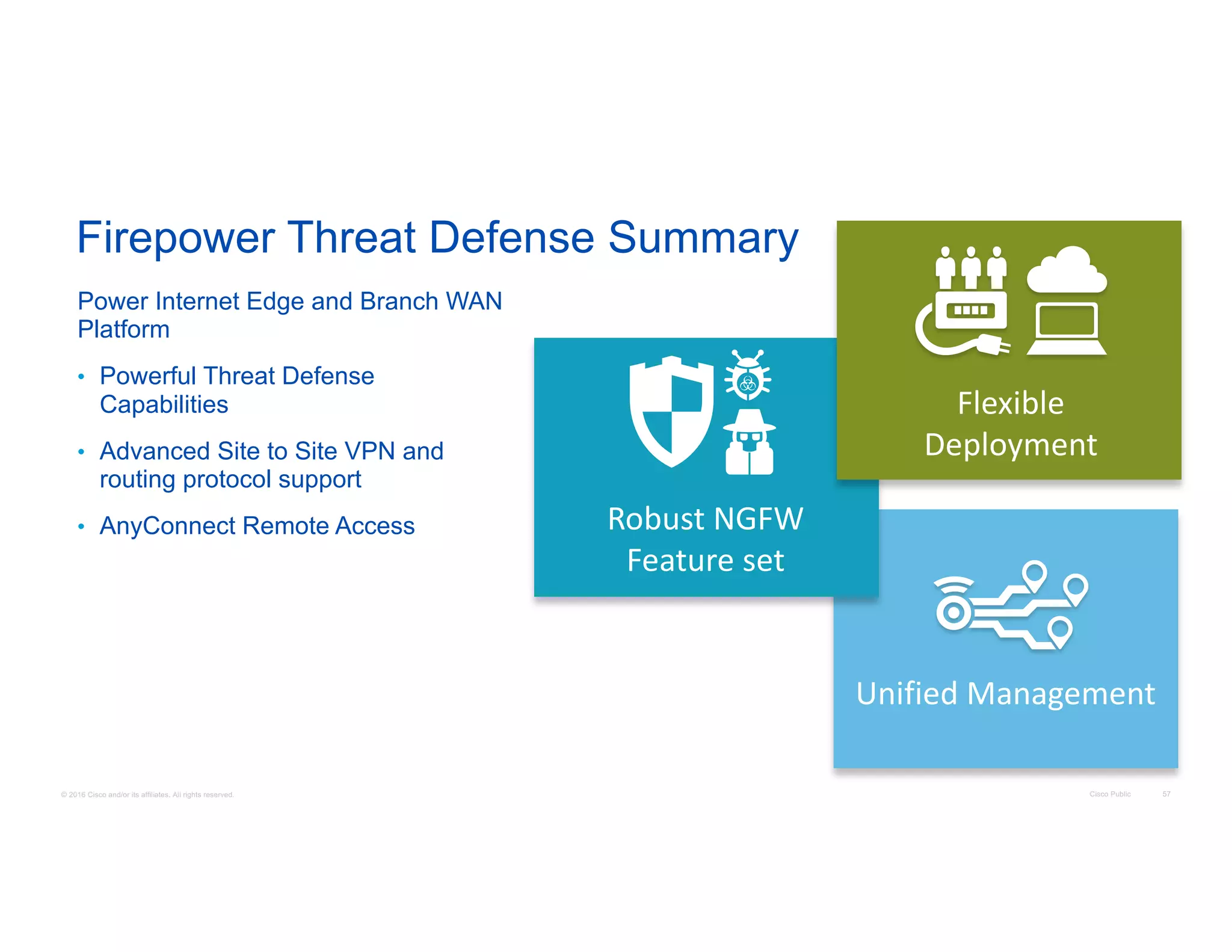 © 2016 Cisco and/or its affiliates. All rights reserved. Cisco Public 57
Firepower Threat Defense Summary
Power Internet Edge and Branch WAN
Platform
• Powerful Threat Defense
Capabilities
• Advanced Site to Site VPN and
routing protocol support
• AnyConnect Remote Access
Unified	Management
Robust	NGFW	
Feature	set
Flexible	
Deployment	
 