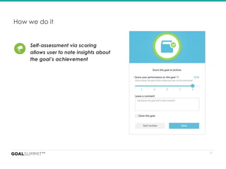 28
How we do it
Self-assessment via scoring
allows user to note insights about
the goal’s achievement
 