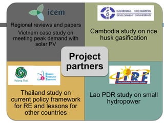 CCDE
Regional reviews and papers
Vietnam case study on
meeting peak demand with
solar PV

Cambodia study on rice
husk gasification

Project
partners
Thailand study on
current policy framework
for RE and lessons for
other countries

Lao PDR study on small
hydropower

 
