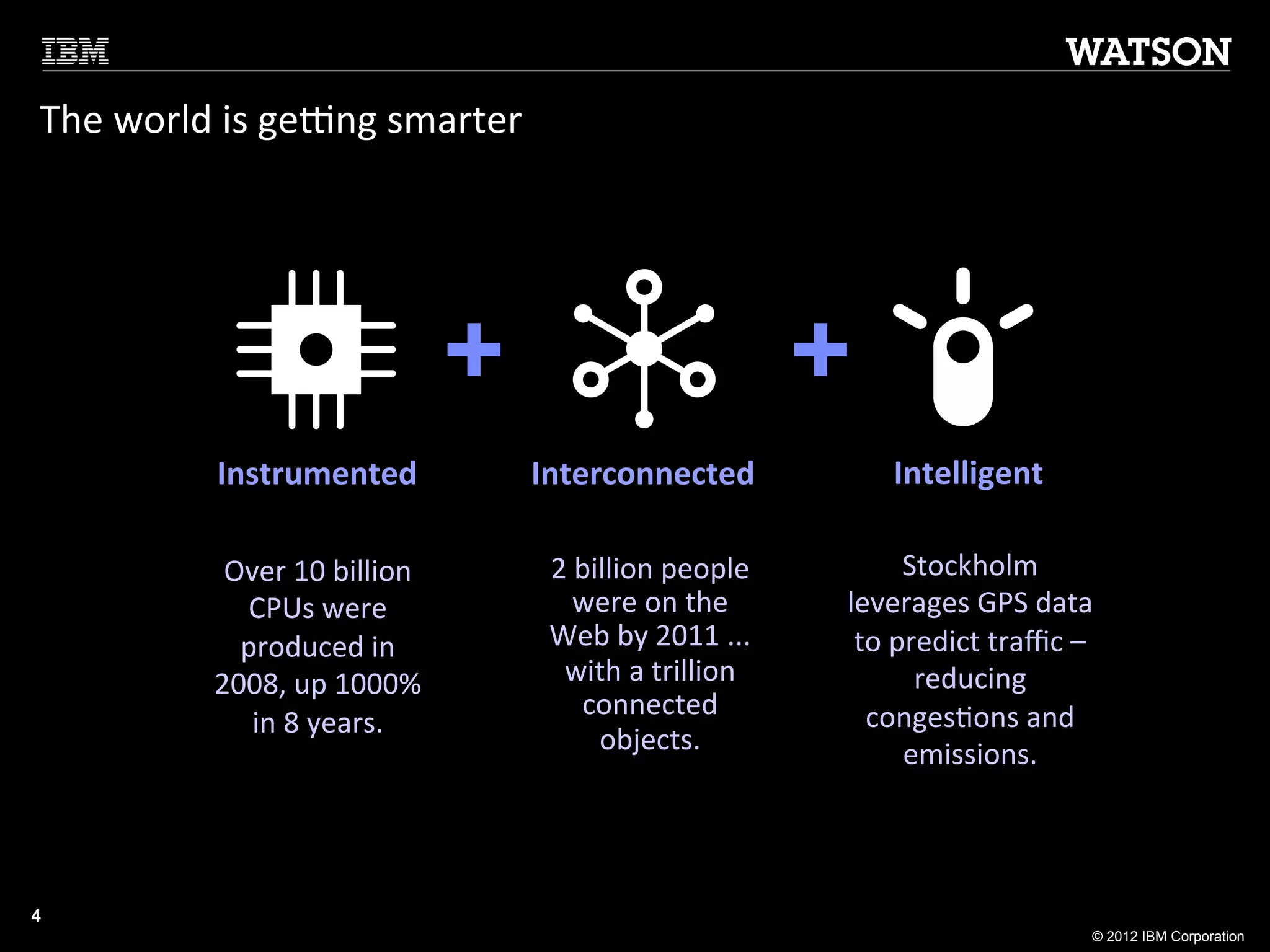 The	
  world	
  is	
  geTng	
  smarter	
  




                                             +                                   +
               Instrumented	
                    Interconnected	
                     Intelligent	
  

               Over	
  10	
  billion	
            2	
  billion	
  people	
               Stockholm	
  
                CPUs	
  were	
                        were	
  on	
  the	
        leverages	
  GPS	
  data	
  
                produced	
  in	
                  Web	
  by	
  2011	
  ...	
      to	
  predict	
  traﬃc	
  –	
  
              2008,	
  up	
  1000%	
               with	
  a	
  trillion	
                reducing	
  
                                                       connected	
                 conges:ons	
  and	
  
                 in	
  8	
  years.	
  	
  
                                                         objects.	
                      emissions.	
  



4
                                                                                                               © 2012 IBM Corporation
 