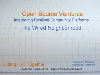 Open Source Ventures
      Integrating Resilient Community Platforms

          The Wired Neighborhood




                                                    Integrating Resilient 
Putting It All Together                            Community Platforms
          June, 2011 Greg Burton - http://www.geniusnow.com
 