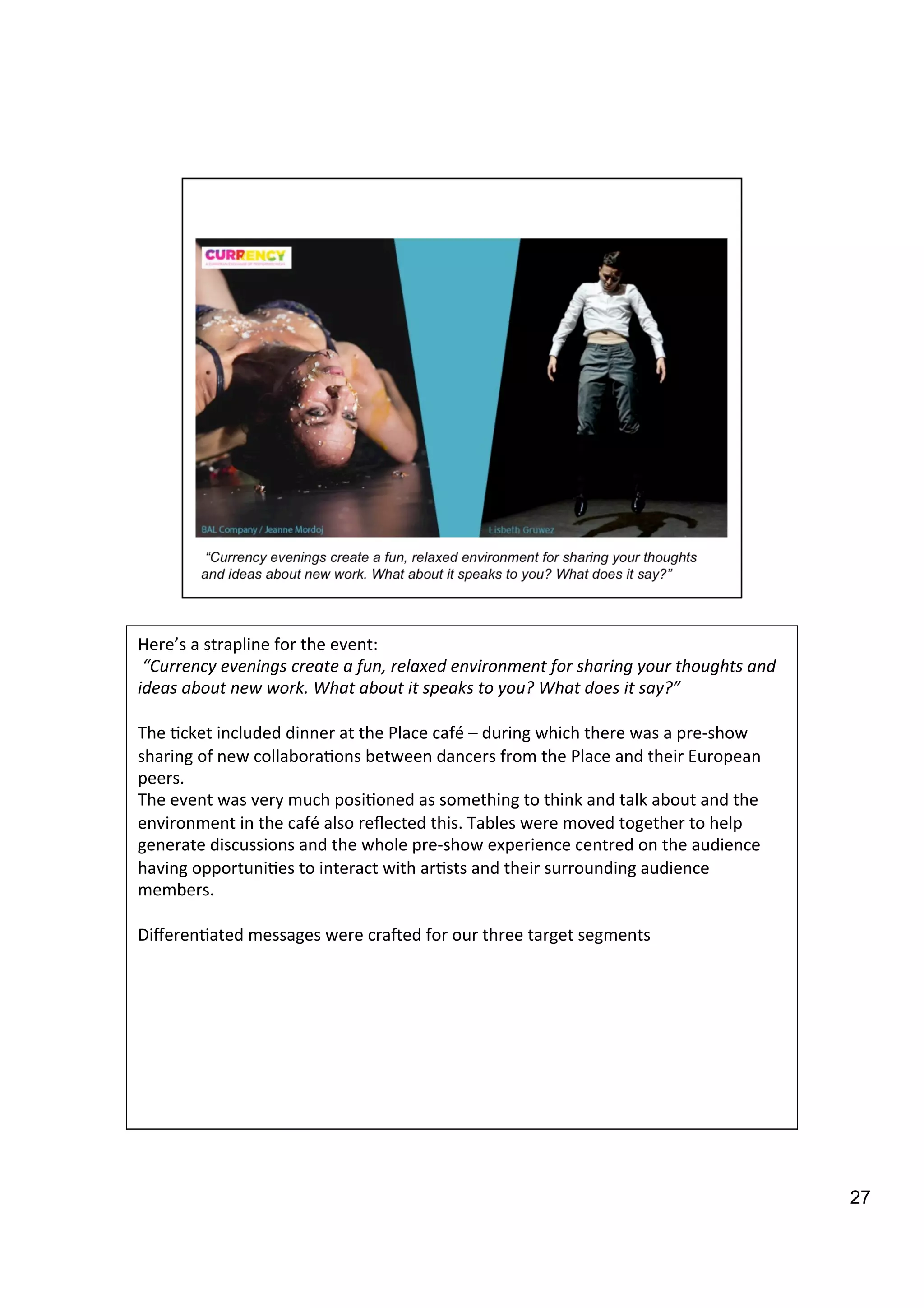 27
Here’s	
  a	
  strapline	
  for	
  the	
  event:	
  
	
  “Currency	
  evenings	
  create	
  a	
  fun,	
  relaxed	
  environment	
  for	
  sharing	
  your	
  thoughts	
  and	
  
ideas	
  about	
  new	
  work.	
  What	
  about	
  it	
  speaks	
  to	
  you?	
  What	
  does	
  it	
  say?”	
  
	
  
The	
  9cket	
  included	
  dinner	
  at	
  the	
  Place	
  café	
  –	
  during	
  which	
  there	
  was	
  a	
  pre-­‐show	
  
sharing	
  of	
  new	
  collabora9ons	
  between	
  dancers	
  from	
  the	
  Place	
  and	
  their	
  European	
  
peers.	
  	
  
The	
  event	
  was	
  very	
  much	
  posi9oned	
  as	
  something	
  to	
  think	
  and	
  talk	
  about	
  and	
  the	
  
environment	
  in	
  the	
  café	
  also	
  reﬂected	
  this.	
  Tables	
  were	
  moved	
  together	
  to	
  help	
  
generate	
  discussions	
  and	
  the	
  whole	
  pre-­‐show	
  experience	
  centred	
  on	
  the	
  audience	
  
having	
  opportuni9es	
  to	
  interact	
  with	
  ar9sts	
  and	
  their	
  surrounding	
  audience	
  
members.	
  	
  
	
  
Diﬀeren9ated	
  messages	
  were	
  cra`ed	
  for	
  our	
  three	
  target	
  segments	
  
 