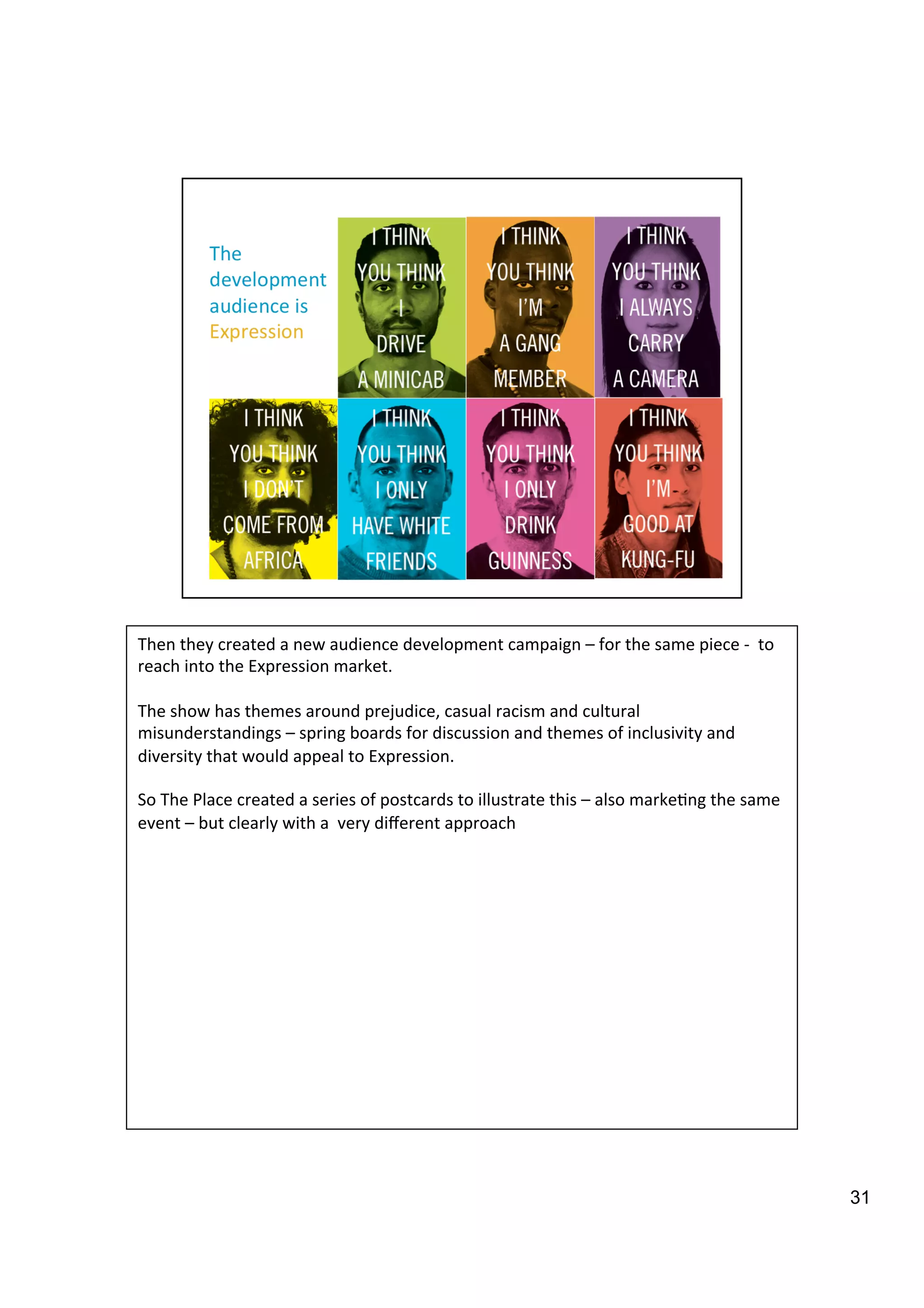 31
Then	
  they	
  created	
  a	
  new	
  audience	
  development	
  campaign	
  –	
  for	
  the	
  same	
  piece	
  -­‐	
  	
  to	
  
reach	
  into	
  the	
  Expression	
  market.	
  
	
  
The	
  show	
  has	
  themes	
  around	
  prejudice,	
  casual	
  racism	
  and	
  cultural	
  
misunderstandings	
  –	
  spring	
  boards	
  for	
  discussion	
  and	
  themes	
  of	
  inclusivity	
  and	
  
diversity	
  that	
  would	
  appeal	
  to	
  Expression.	
  
	
  
So	
  The	
  Place	
  created	
  a	
  series	
  of	
  postcards	
  to	
  illustrate	
  this	
  –	
  also	
  marke9ng	
  the	
  same	
  
event	
  –	
  but	
  clearly	
  with	
  a	
  	
  very	
  diﬀerent	
  approach	
  
	
  
 