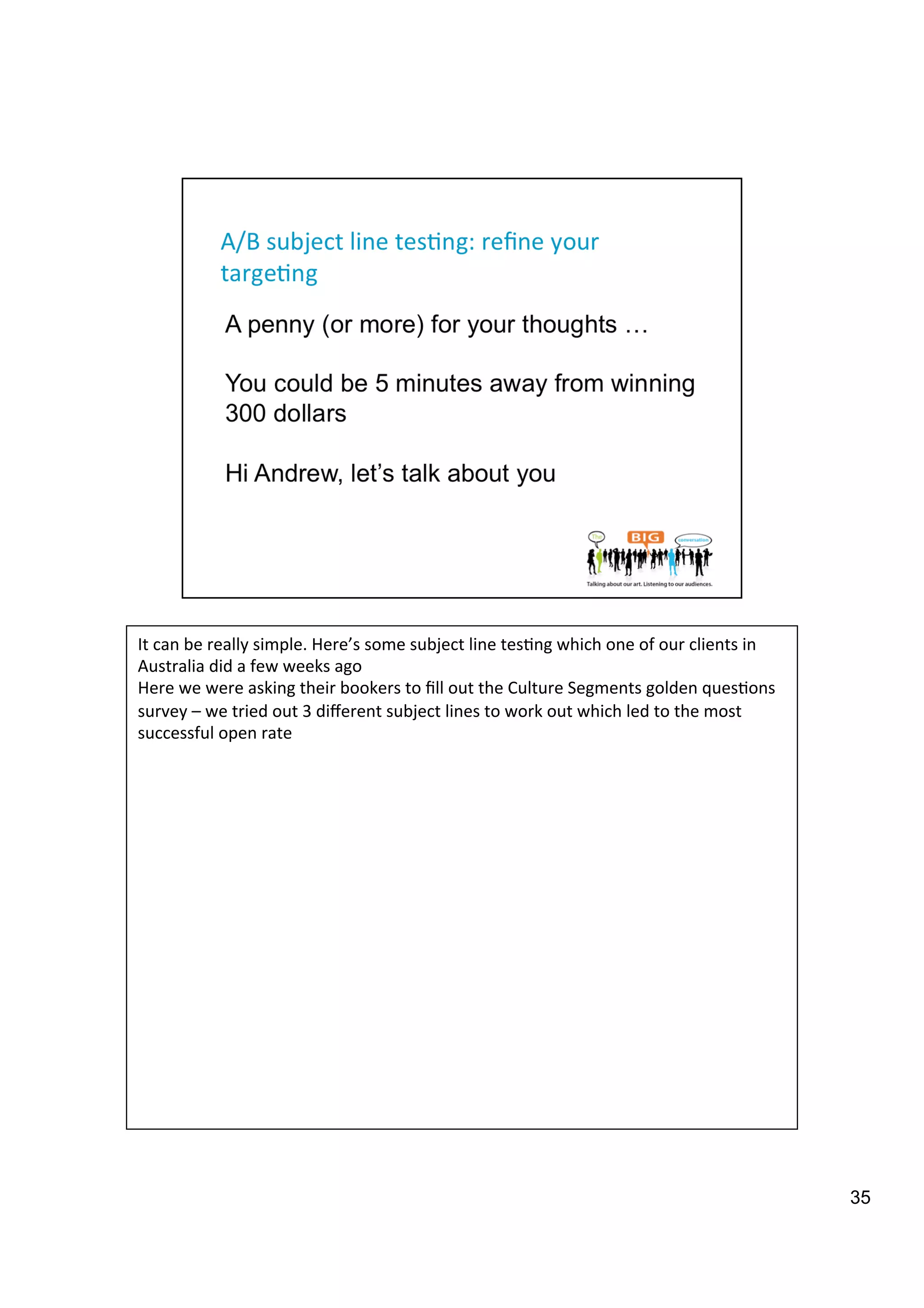 35
It	
  can	
  be	
  really	
  simple.	
  Here’s	
  some	
  subject	
  line	
  tes9ng	
  which	
  one	
  of	
  our	
  clients	
  in	
  
Australia	
  did	
  a	
  few	
  weeks	
  ago	
  	
  
Here	
  we	
  were	
  asking	
  their	
  bookers	
  to	
  ﬁll	
  out	
  the	
  Culture	
  Segments	
  golden	
  ques9ons	
  
survey	
  –	
  we	
  tried	
  out	
  3	
  diﬀerent	
  subject	
  lines	
  to	
  work	
  out	
  which	
  led	
  to	
  the	
  most	
  
successful	
  open	
  rate	
  
 