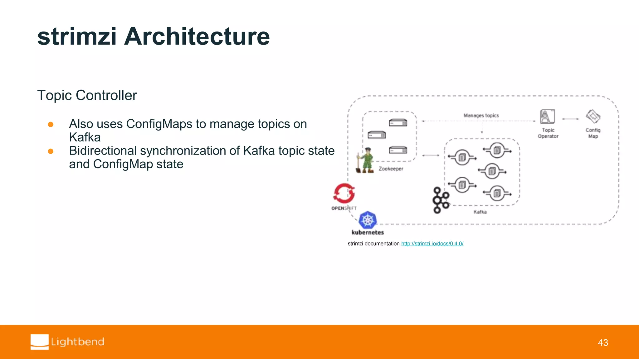 strimzi Architecture Topic Controller ● Also uses ConfigMaps to manage topics on Kafka ● Bidirectional synchronization of Kafka topic state and ConfigMap state 43 strimzi documentation http://strimzi.io/docs/0.4.0/ 