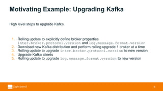 Motivating Example: Upgrading Kafka
Any update to the Kafka cluster must be performed in a serial “rolling update”. The
co...