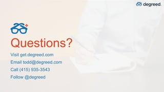 Questions?
Visit get.degreed.com
Email todd@degreed.com
Call (415) 935-3543
Follow @degreed
 