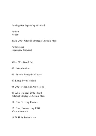 Putting our ingenuity forward
Future
Ready
2022-2024 Global Strategic Action Plan
Putting our
ingenuity forward
What We Stand For
03 Introduction
06 Future Ready® Mindset
07 Long-Term Vision
08 2024 Financial Ambitions
09 At a Glance: 2022-2024
Global Strategic Action Plan
11 Our Driving Forces
12 Our Unwavering ESG
Commitments
14 WSP is Innovative
 