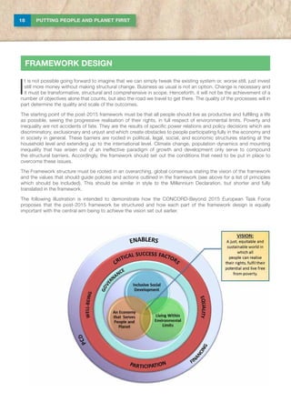 18 PUTTING PEOPLE AND PLANET FIRST
I
t is not possible going forward to imagine that we can simply tweak the existing system or, worse still, just invest
still more money without making structural change. Business as usual is not an option. Change is necessary and
it must be transformative, structural and comprehensive in scope. Henceforth, it will not be the achievement of a
number of objectives alone that counts, but also the road we travel to get there. The quality of the processes will in
part determine the quality and scale of the outcomes.
The starting point of the post-2015 framework must be that all people should live as productive and fulfilling a life
as possible, seeing the progressive realisation of their rights, in full respect of environmental limits. Poverty and
inequality are not accidents of fate. They are the results of specific power relations and policy decisions which are
discriminatory, exclusionary and unjust and which create obstacles to people participating fully in the economy and
in society in general. These barriers are rooted in political, legal, social, and economic structures starting at the
household level and extending up to the international level. Climate change, population dynamics and mounting
inequality that has arisen out of an ineffective paradigm of growth and development only serve to compound
the structural barriers. Accordingly, the framework should set out the conditions that need to be put in place to
overcome these issues.
The Framework structure must be rooted in an overarching, global consensus stating the vision of the framework
and the values that should guide policies and actions outlined in the framework (see above for a list of principles
which should be included). This should be similar in style to the Millennium Declaration, but shorter and fully
translated in the framework.
The following illustration is intended to demonstrate how the CONCORD-Beyond 2015 European Task Force
proposes that the post-2015 framework be structured and how each part of the framework design is equally
important with the central aim being to achieve the vision set out earlier.
FRAMEWORK DESIGN
 