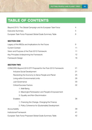 03PUTTING PEOPLE AND PLANET FIRST
Beyond 2015: the Global Campaign and its European Task Force
Executive Summary
European Task Force Proposed Global Goals Summary Table
SECTION ONE
Legacy of the MDGs and Implications for the Future
Current Context
Vision and Purpose of the Post-2015 Framework
Key Principles Underpinning the Framework
Framework Design
SECTION TWO
CONCORD-Beyond 2015 ETF Proposal for the Post-2015 Framework
	 Inclusive Social Development
	 Reorienting the Economy to Serve People and Planet
	 Living within Environmental Limits
	 Just Governance
	 Critical Success Factors
		1. Well-Being
		 2. Meaningful Participation and People’s Empowerment
		 3. Equality and Non-Discrimination
	Enablers
		 1. Financing the Change, Changing the Finance
		 2. Policy Coherence for (Sustainable) Development
Accountability
Institutional Framework	
European Task Force Proposed Global Goals Summary Table
4
5
8
9
11
11
12
18
21
21
25
28
30
32
36
39
41
42
tABLE OF CONTENTS
 