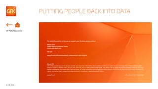 PUTTING PEOPLE BACK INTO DATA
© GfK 2016
GfK Media Measurement
For more information on how we can support your business please contact:
Michal Galin
Global Head of Published Media
michal.galin@gfk.com
OR visit
www.gfk.com/solutions/audience-measurement-and-insights
About GfK
GfK is the trusted source of relevant market and consumer information that enables its clients to make smarter decisions. More than 13,000 market
research experts combine their passion with GfK’s 80 years of data science experience. This allows GfK to deliver vital global insights matched with local
market intelligence from more than 100 countries. By using innovative technologies and data sciences, GfK turns big data into smart data, enabling its
clients to improve their competitive edge and enrich consumers’ experiences and choices.
www.gfk.com GfK. Growth from Knowledge
 