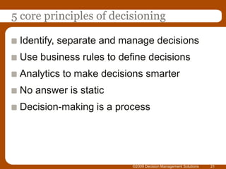 ©2009 Decision Management Solutions215 core principles of decisioningIdentify, separate and manage decisionsUse business rules to define decisionsAnalytics to make decisions smarterNo answer is staticDecision-making is a process