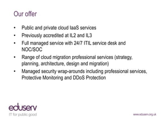 www.eduserv.org.uk
Our offer
• Public and private cloud IaaS services
• Previously accredited at IL2 and IL3
• Full manage...