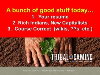 A bunch of good stuff today…
1. Your resume
2. Rich Indians, New Capitalists
3. Course Correct (wikis, ??s, etc.)

Nancy Van Leuven, Ph.D. – AIS 230 – Fall 2013 – University of Washington

 