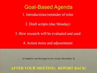 Goal-Based Agenda
1. Introductions/reminder of roles
2. Draft scripts (due Monday)
3. How research will be evaluated and used
4. Action items and adjournment

(Complete run-through in two weeks, December 4)

AFTER YOUR MEETING: REPORT BACK!

 
