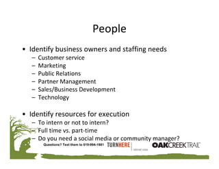 People
• Identify business owners and staffing needs
   –   Customer service
   –   Marketing
   –   Public Relations
   –   Partner Management
   –   Sales/Business Development
   –   Technology

• Identify resources for execution
   – To intern or not to intern?
   – Full time vs. part‐time
   – Do you need a social media or community manager?
        Questions? Text them to 619-994-1881
 
