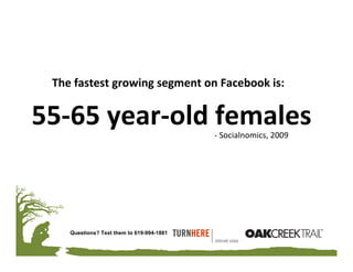 The fastest growing segment on Facebook is:


55‐65 year‐old females                     ‐ Socialnomics, 2009




    Questions? Text them to 619-994-1881
 
