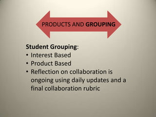 PRODUCTS AND GROUPING

Student Grouping:
• Interest Based
• Product Based
• Reflection on collaboration is
ongoing using daily updates and a
final collaboration rubric

 