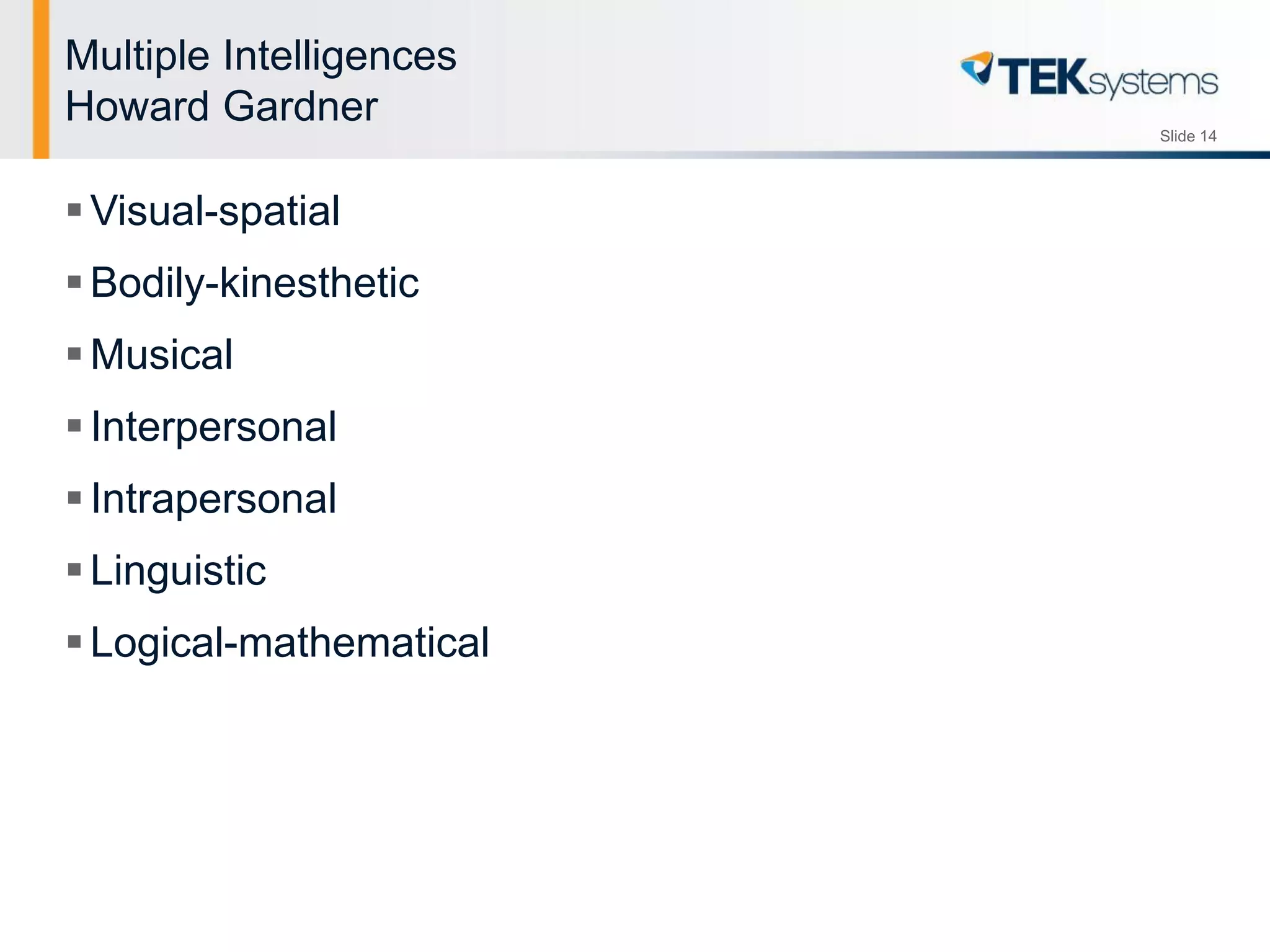 Slide 14
Multiple Intelligences
Howard Gardner
Visual-spatial
Bodily-kinesthetic
Musical
Interpersonal
Intrapersonal
Linguistic
Logical-mathematical
 