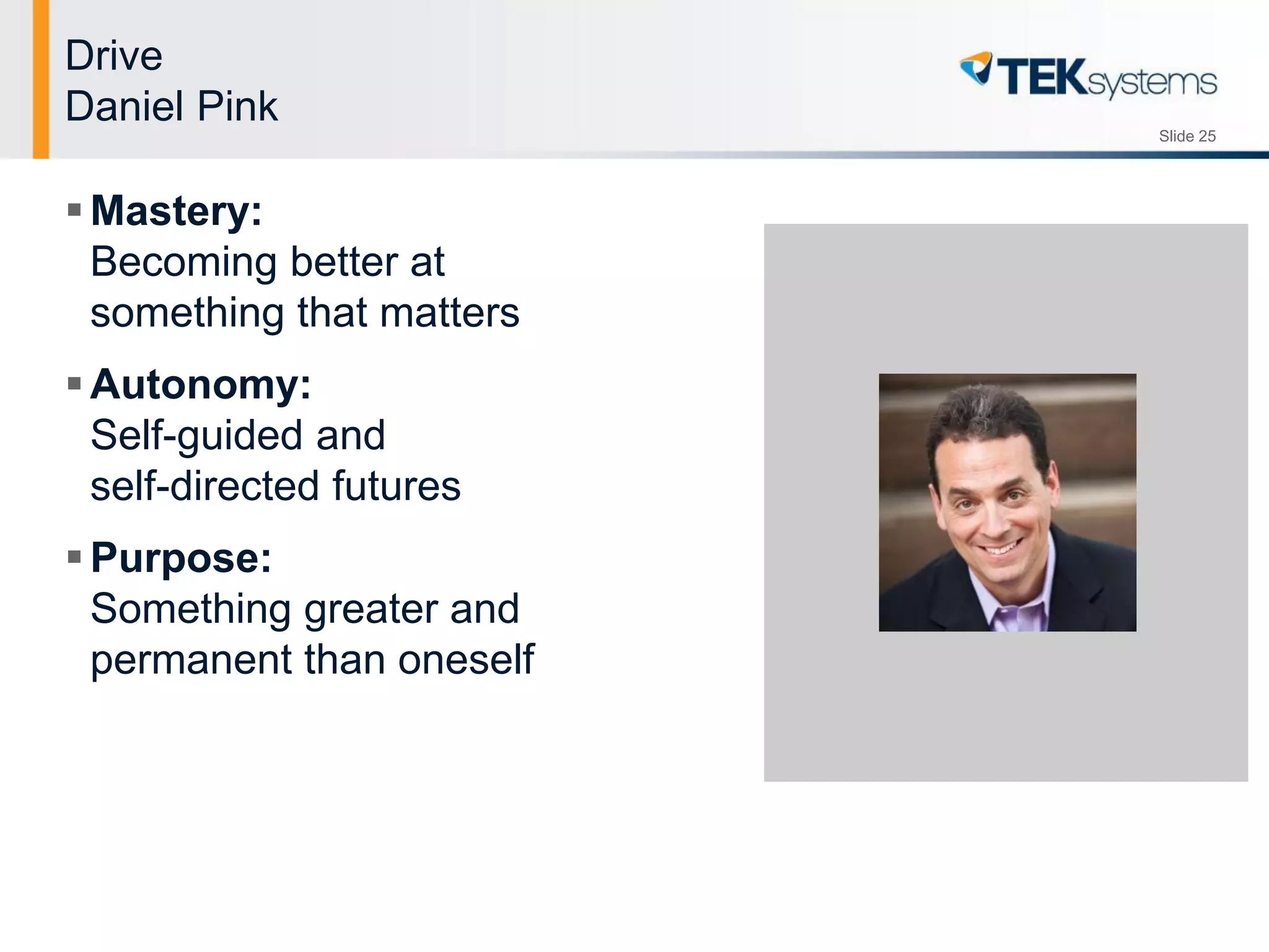 Slide 25
Drive
Daniel Pink
Mastery:
Becoming better at
something that matters
Autonomy:
Self-guided and
self-directed futures
Purpose:
Something greater and
permanent than oneself
 